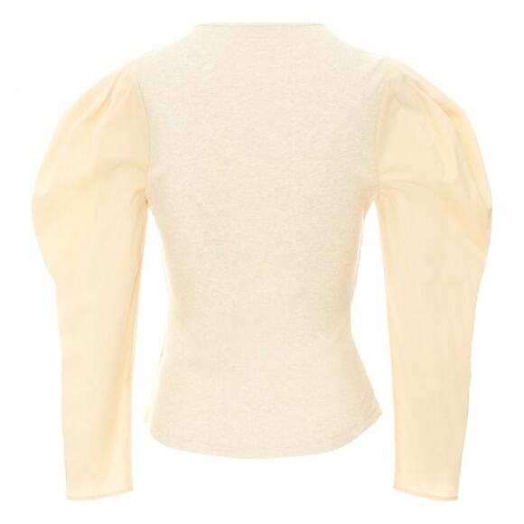 Ulla Johnson Joanne Poplin Sleeve Rib Knit Top Ribbed Jersey Oatmeal Beige - Picture 13 of 14